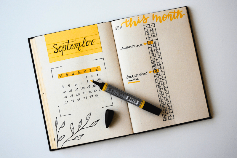 Um caderno em cima de um fundo branco com uma caneta marcadora amarela de cor preta com a tapa logo ao lado. No caderno, é possível ver desenhos de plantas e escritas no formato de um calendário.