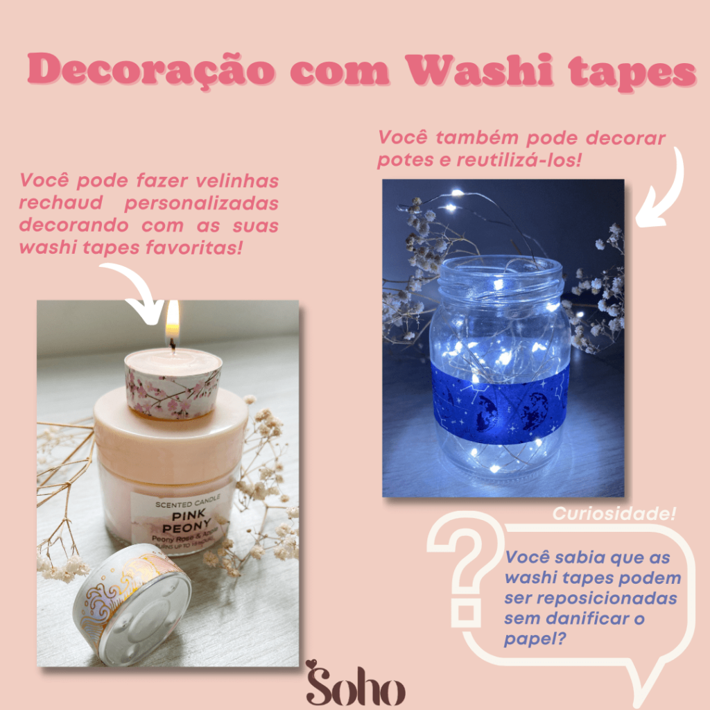 Decoração com washi tapes. Você pode fazer velinhas rechaud personalizadas decorando com as suas washi tapes favoritas e também para decorar potes.